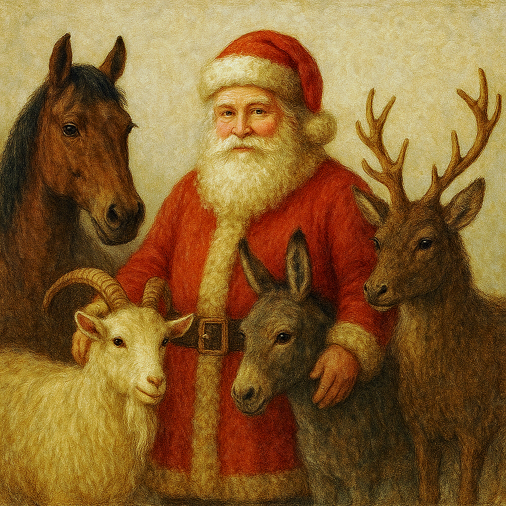 Santa Claus with a horse, goat, donkey, and reindeer.
