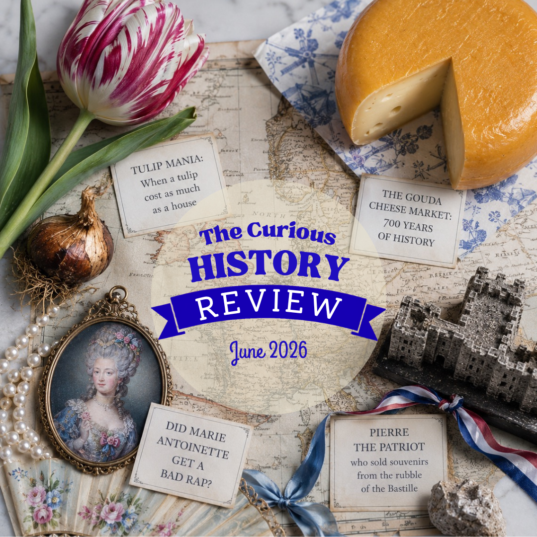 Image showing a tulip, a piece of cheese, a portrait of Marie Antoinette, and a figurine of the Bastille.