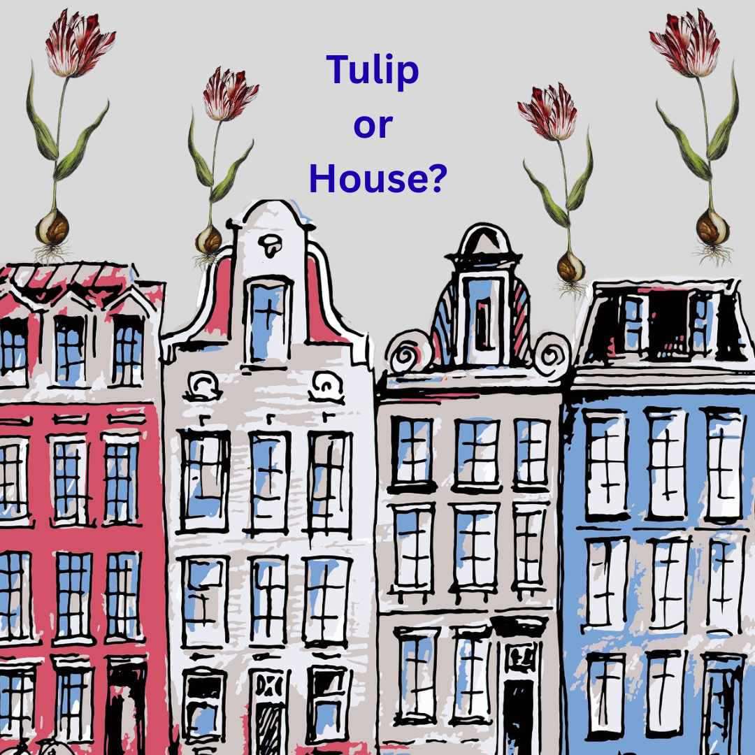 Drawing of four Amsterdam houses with a tulip above each one.