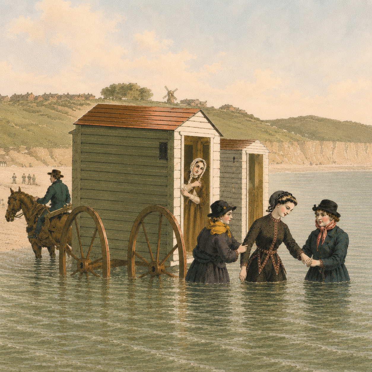 Woman in the sea near a bathing machine.